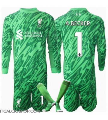 Liverpool Alisson Becker #1 Portiere Seconda Maglia Bambino 2024-25 Manica Lunga (+ Pantaloni corti)